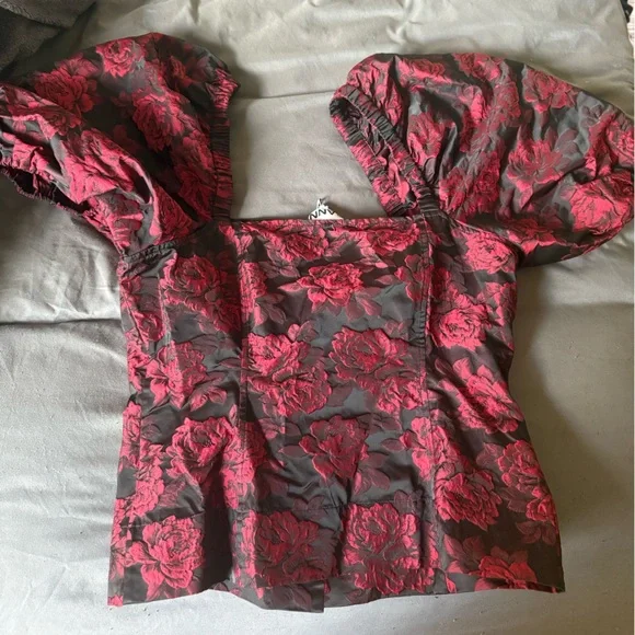 Ganni Black & Red Botanical Jacquard Blouse